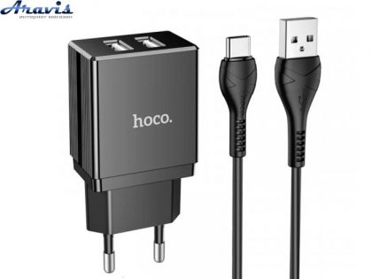 Адаптер 220v 2 USB 2100mA Hoco DC01+Type-C кабель Чорний
