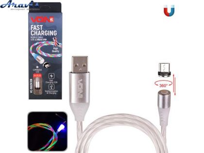 Кабель магнитный Multicolor LED Voin VC-1602M RB USB-Micro USB 3А, 2m, быстрая зарядка/передача данных