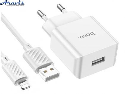 Сетевое зарядное устройство для телефона Hoco C106A 1usb/2.1A+кабель USB-Lighting White