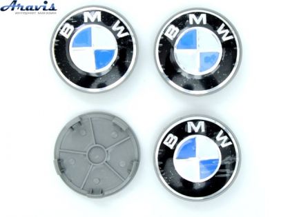 Колпачки на диски BMW 65/68мм хром/черн.синий пластик логотип+кольцо 4шт