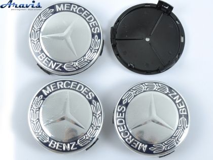 Ковпачки на диски Mercedes 75/70мм син/хром пластик чорний об'ємний логотип з колоском 4шт