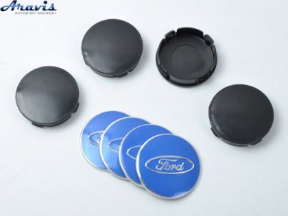 Колпачки на диски FORD 60/55мм черный/хром пластик объемный синий логотип 4шт