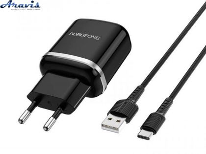 Адаптер 220v 1 USB Borofone BA36A+Type-C кабель QC3.0/3А/18W Чорний