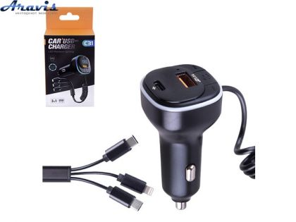 Модулятор FM 5в1 C31 12-24v USB 5V-3.1A Type C 5V-3.1A 3in1 charging cable BT5.0 RGB-ambient light (