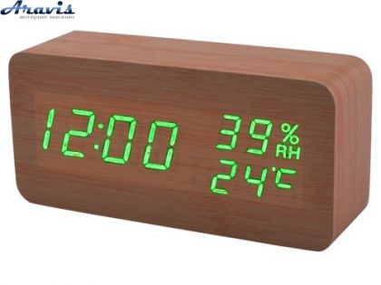 Часы с термометром и гигрометром PTVS 862S-4 зеленый экран корпус коричневый USB