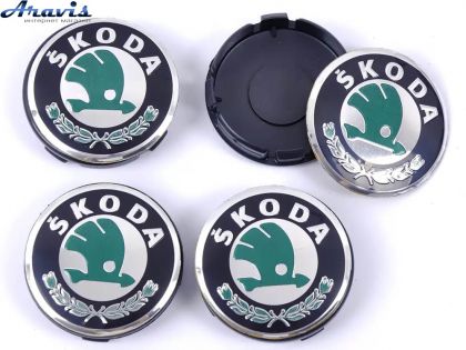 Колпачки на диски Skoda 58/56мм зеленый/черный пластик/логотип наклейка 4шт