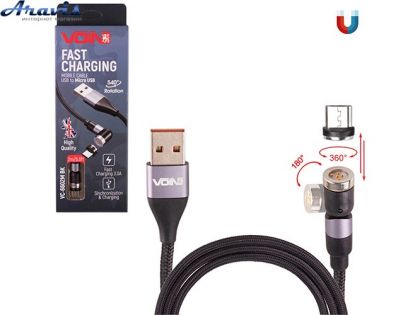 Кабель магнітний шарнірний Voin VC-6602M BK USB-Micro USB 3А, 2m, black швидка зарядка/передача даних