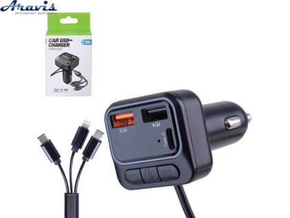 Модулятор FM 5в1 C36 12-24v 2USB 5V-3.1A Type C 5V-3.1A 3in1 charging cable BT5.0 RGB-ambient light