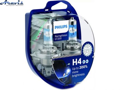 Галогенная лампа H4 12V 60/55W +200% Racing Vision Philips GT200 12342RGTS2 Box-2шт