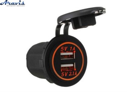 Гнездо под 2 USB DC 12-24V/5V 2,1-1A, подсветка с резьбой SF-50-2 ORANGE