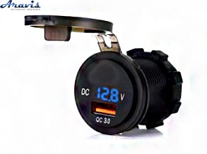 Гніздо під 1 USB+Вольтметр DC 12-24V/5V P12 Blue синє підсвічування з різьбою