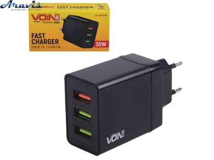 Сетевое зарядное устройство Voin 30W 3 USB QC3.0 Port 1-5V*3A/9V*2A/12V*1.5A. Port 2/3-5V2.4A