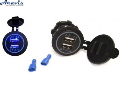 Гніздо під 2 USB DC 12-24V/5V 2,1-2,1A синій індикатор з різьбою А17В