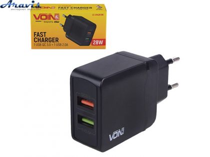 Сетевое зарядное устройство VOIN 28W, 2 USB, QC3.0 Port 1-5V*3A/9V*2A/12V*1.5A. Port 2-5V2A
