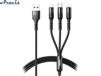 Кабель USB 3в1 Remax RC-186th 3in1 USB-Lightning + MicroUSB + Type С чорний