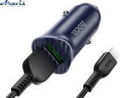 Зарядка в прикуриватель 12/24V 2USB 3А Hoco Z39 +QC3.0+кабель Lighting Синий